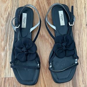 Prada Flower Appliqué Black Strappy Sandals Size 36